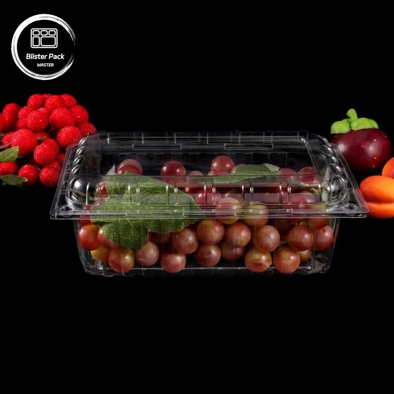 PET transparan wadah buah cangkang plastik sekali pakai dengan tutup untuk kemasan litchi & anggur