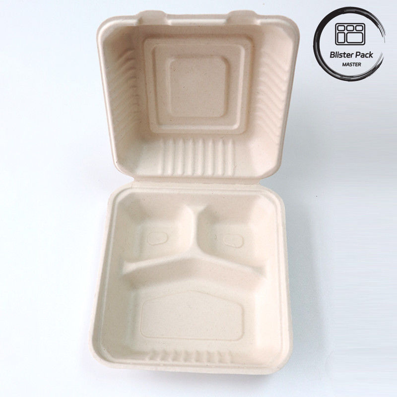 Blister Eco Compostable Clamshell 3 Compartment Lunch Box sekali pakai Gula Gula Bagasse