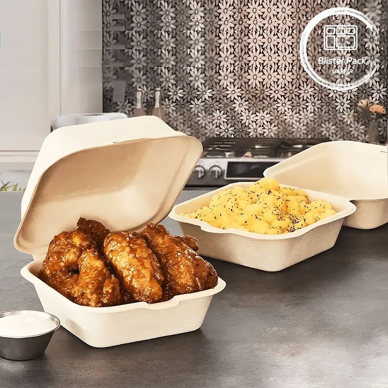Blister Eco Compostable Clamshell 3 Compartment Lunch Box sekali pakai Gula Gula Bagasse