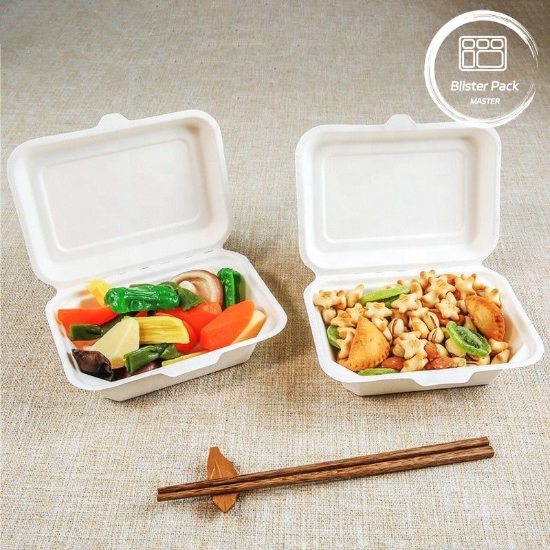 Blister Eco Compostable Clamshell 3 Compartment Lunch Box sekali pakai Gula Gula Bagasse