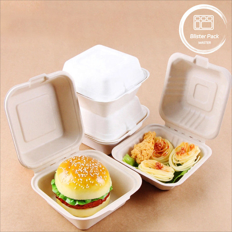 Blister Eco Compostable Clamshell 3 Compartment Lunch Box sekali pakai Gula Gula Bagasse