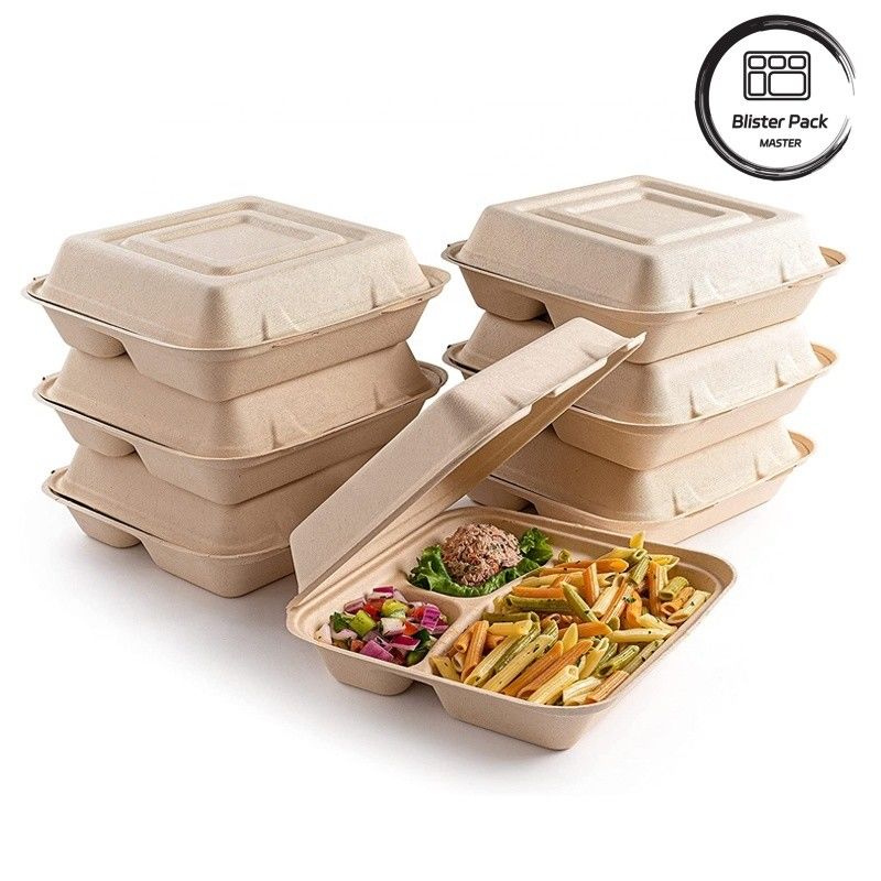 Blister Eco Compostable Clamshell 3 Compartment Lunch Box sekali pakai Gula Gula Bagasse