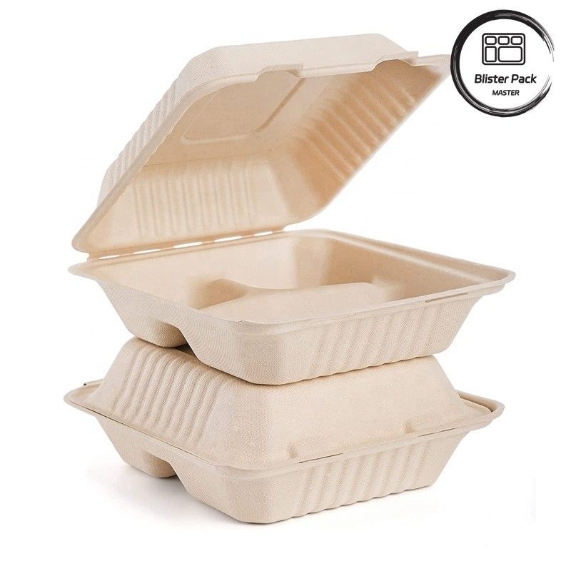 Blister Eco Compostable Clamshell 3 Compartment Lunch Box sekali pakai Gula Gula Bagasse