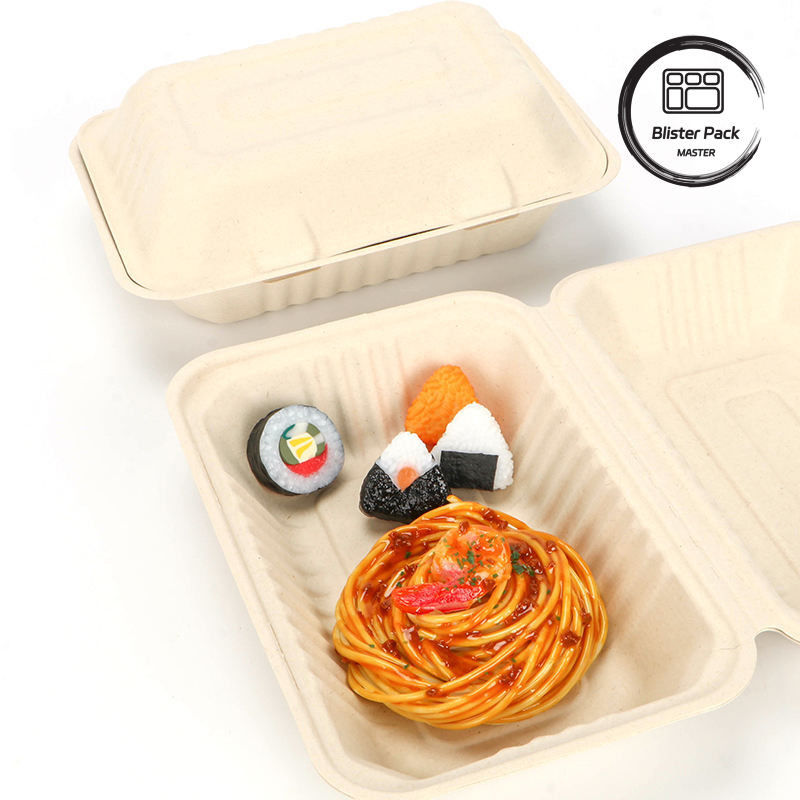 9 inci Gula Gula Bagasse Clamshell Lunch Box Container makanan sekali pakai dan terdegradasi untuk burger dan toko roti