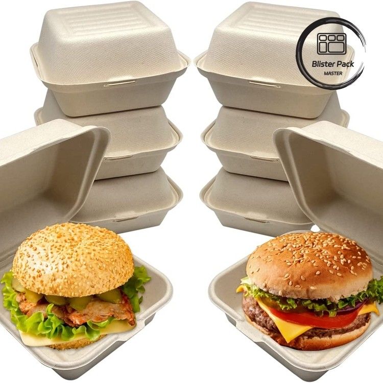 9 inci Gula Gula Bagasse Clamshell Lunch Box Container makanan sekali pakai dan terdegradasi untuk burger dan toko roti