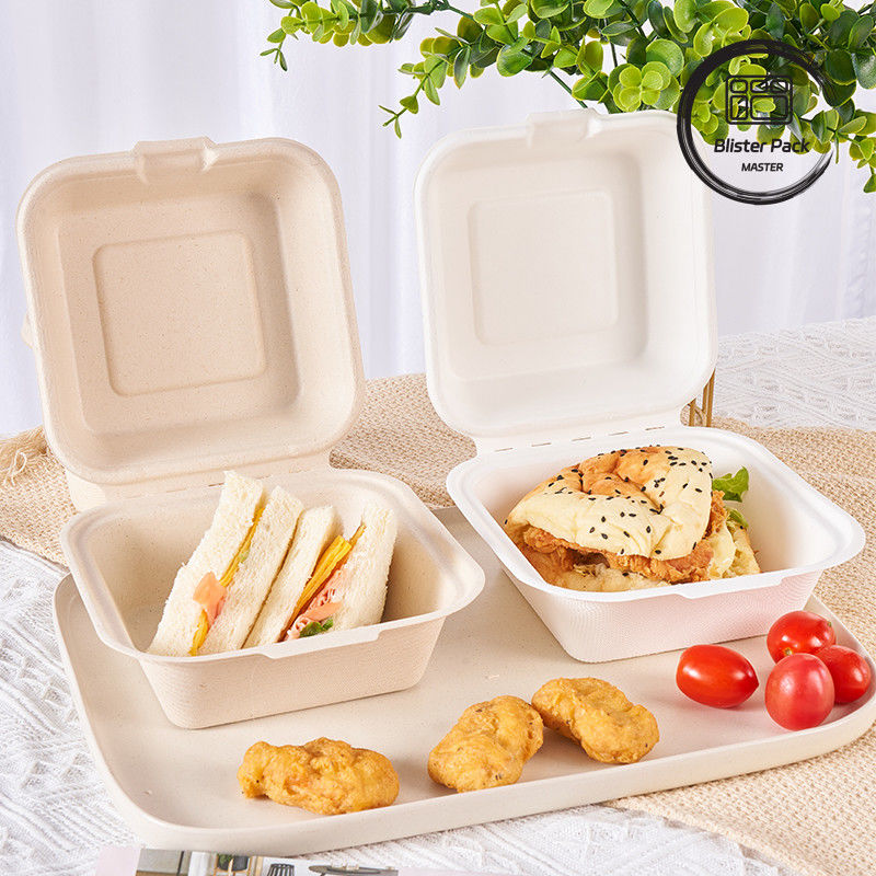 9 inci Gula Gula Bagasse Clamshell Lunch Box Container makanan sekali pakai dan terdegradasi untuk burger dan toko roti