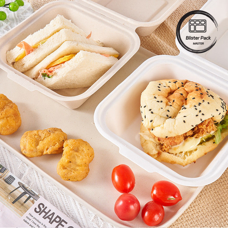 9 inci Gula Gula Bagasse Clamshell Lunch Box Container makanan sekali pakai dan terdegradasi untuk burger dan toko roti