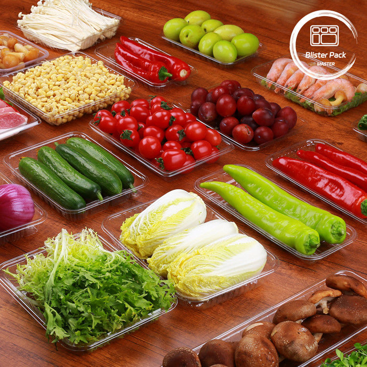 Tray buah-buahan dan sayuran PET kelas makanan sekali pakai untuk penyimpanan yang aman dan segar