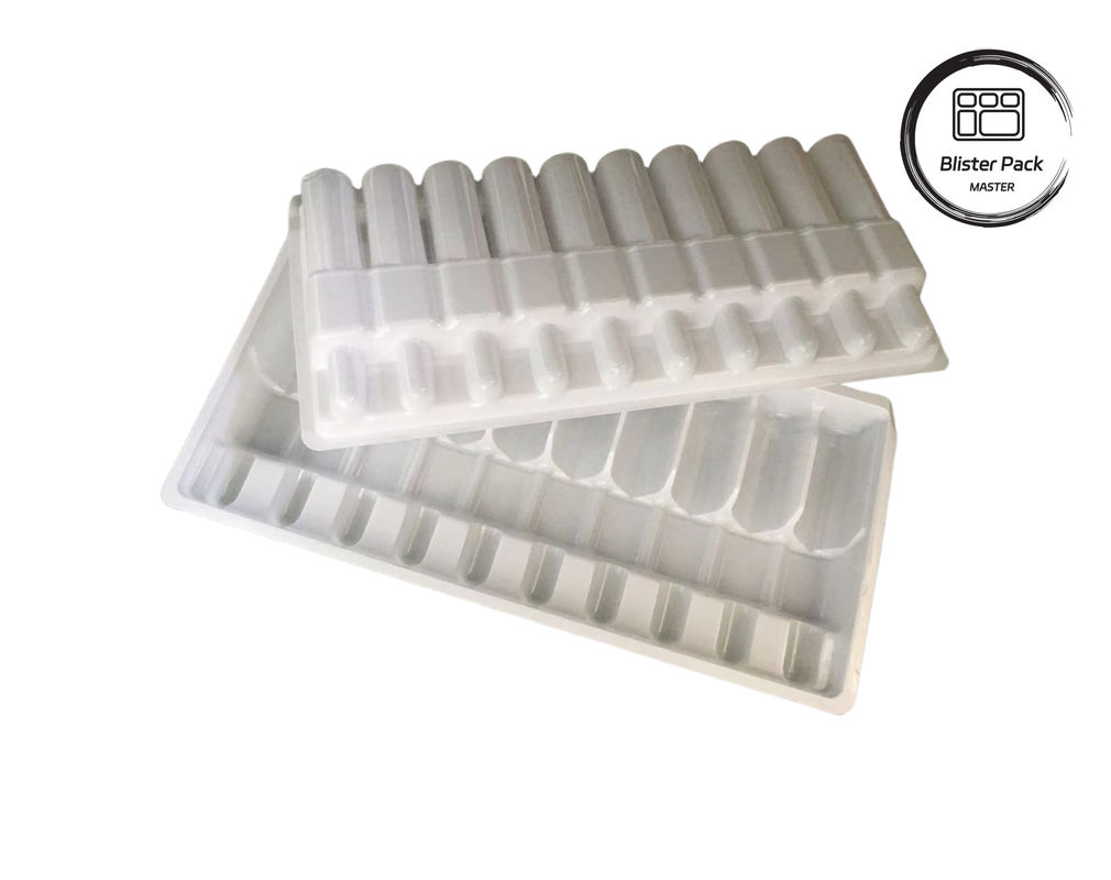 Custom Vacuum Formed Plastic Ampoule Tray, Botol Obat Putih Pembungkusan Blister untuk Vial 10ml