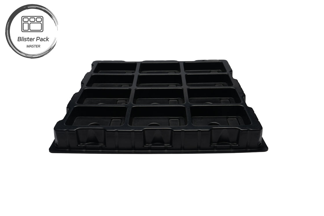 Pabrikan Disesuaikan Besar PS Electronic Plastic Tray, 12-Grid High Hardness Pure Black Packaging